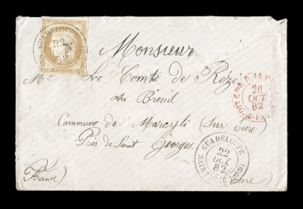 French Colonies Yvert 19, 1877 15c Bister, attractive single of this scarce value with clear to large margins all around, a rare single franking paying the 15c military rate out
of the tiny small island of Terre de Haut of the Saintes Island