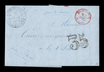 1852 Capesterre unpaid stampless entire letter to France carried by French merchant ship, clear black CapesterreGuadeloupe23 Juil 1852 double-circle c.d.s. on entire folded
letter to Paris, bold double-line 35 rate handstamp for 25c postage
