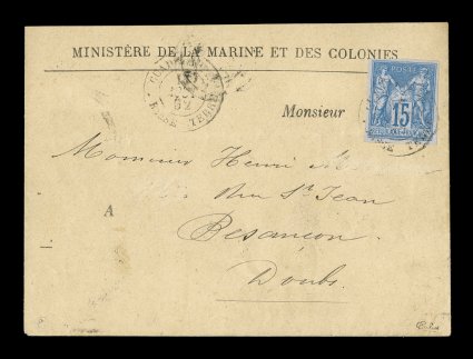 French Colonies Yvert 41, 1879 15c Blue, Ty. II,  four-margin single paying the 15c military concessionary rate to France, tied to 1882 imprinted envelope of the Ministere de la
Marine et des Colonies by GuadeloupeBasse Terre19 Aout 82 c.d