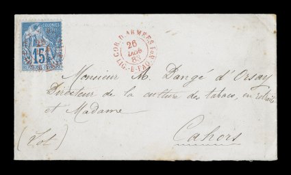 French Colonies Yvert 51, 1881 15c Blue, very pretty small military cover with a fresh single tied by rare red Cor. D. ArmeesLig.-B-Paq. No.126 Dec. 83 French packet c.d.s.,
with nice matching strike at right, Bordeaux-Cette transit on the r