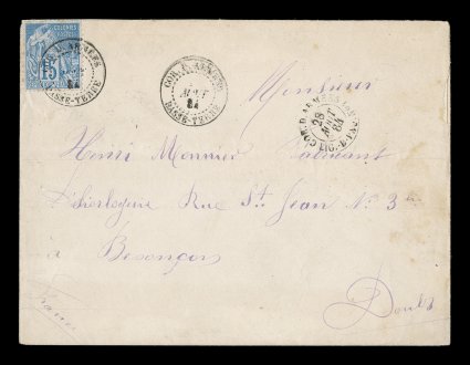 French Colonies Yvert 51, 1881 15c Blue, well centered single (small perf. flaws) tied to fresh cover to France by  Cor.D. ArmeesBasse-Terre? Aout 84 double-circle military
c.d.s. with additional strike at right, paying the 15c military conc