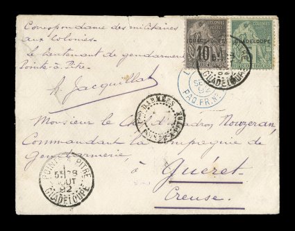 Yvert 17, 18, 1891 5c Green and 10c Black on lilac with provisional Guadeloupe overprint, well centered and attractive franking tied to 1892 military cover to France by
Pointe-a-Pitre Guadeloupe28 Aout 92 double-circle c.d.s. with additiona