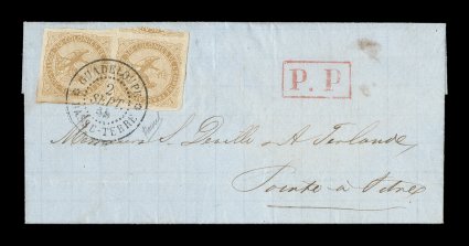 French Colonies Yvert 3, 1859 10c Yellow bister vertical pair, exceptionally wide even margins, neatly tied to 1865 folded cover to Pointe-a-Pitre by clearly struck
GuadeloupeBasse-Terre2 Sept. 65 double-circle c.d.s., large red P.P handst