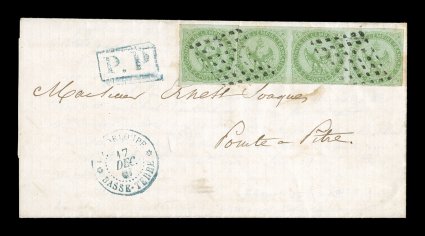 French Colonies Yvert 2, 1862 5c Green horizontal strip of three and single, an attractive franking paying the 20c internal rate, mostly large margins, strip touched at bottom,
tied to 1867 entire folded letter to Pointe-a-Pitre by clearly struc