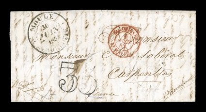 1851 Moule unpaid stampless entire letter to France, carried by French merchant ship, black MouleGuadeloupe30 Juin 1851 double-circle c.d.s. on entire folded letter to
Carpentros, double-line 35 rate handstamp for 25c postage and 10c ship f