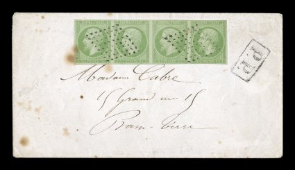French Colonies Yvert 8, 1872 5c Green horizontal strip of four, an impressive and extremely rare franking of the 5c Napoleon which is one of the scarcest of the French Colonies
General issues, well clear to large margins, tiny nick in the top m