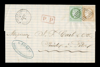 French Colonies Yvert 17, 22, 1872 5c Green on blue and 15c Bister, singles of each with full even margins paying the 20c internal rate, tied to each other on very fresh 1875
folded cover by well stuck black lozenge cancel, matching Guadeloupe