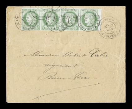 French Colonies Yvert 17a, 1872 5c green on blue horizontal strip of four, watermarked, an amazing strip of four showing a portion of the paper makers double line La Croix
Freres watermark in all four stamps, large to extra-large margins all