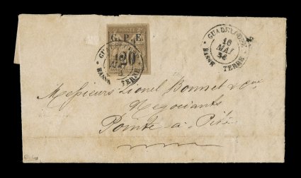 Yvert 1, 1884 G.P.E.20 provisional surcharge on 20c Brown, well margined single of Guadeloupes first issue tied to 1884 entire folded domestic letter by GuadeloupeBasse Terre16
Mai 84 double-circle c.d.s. with additional strike at right,