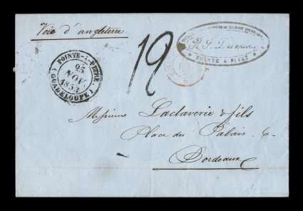 1853-54 Pointe-a-Pitre unpaid stampless entire letters to France, two folded letters paying the new single and double rate with bold 12 and 24 rate handstamps for 12 and 24
decimes due respectively, both with black Pointe-a-PitreGuadeloupe