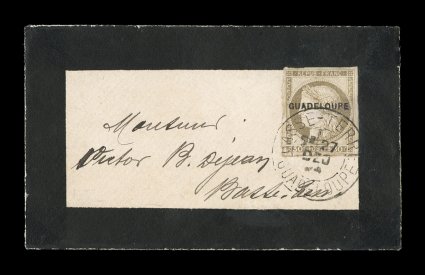 Yvert 12, Scott 12, 1891 30c Brown with provisional Guadeloupe overprint, imperforate, single of this exceptionally rare provisional issue, four clear to large margins, tied to
mourning cover posted locally in Basse Terre by Basse-TerreGuad