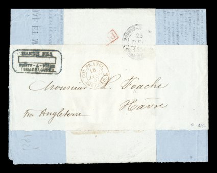 1856 Pointe-a-Pitre paid stampless printed matter entire folded bulletin to France, two wrappers crisscrossed around the bulletin, all beautifully intact with black
Pointe-a-Pitre(Guadeloupe)28 Dec 1856 double-circle c.d.s., marked paid with