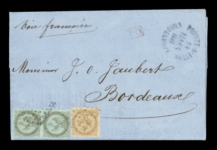 French Colonies Yvert 1, 3, 1859-62 1c Olive on pale blue vertical pair and 10c Yellow bister, each with well clear to large margins, tied to 1865 entire folded commercial
bulletin by black lozenge cancels, black Pointe-a-PitreGuadeloupe24 Ma