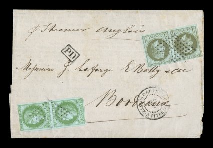 French Colonies Yvert 7, 17, 1872 1c Olive on pale blue horizontal pair and 5c Green on blue vertical pair, a very pretty franking with mostly nice margins on both pairs, tied
to 1872 entire folded commercial bulletin by black 8x8 point lozenge