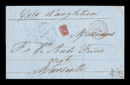 1854 Grand Bourg paid stampless cover to France, black Grand-Bourg (Mie. Gte.)Guadeloupe9 Mars 1854 double-circle c.d.s. on folded cover to Marseilles, similar Basse Terre
transit c.d.s. over the letter seal on the reverse, this single-rate c