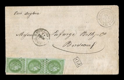 French Colonies Yvert 17, 1872 5c Green on blue vertical strip of three, large margins to just into the frame at two corners, a most unusual franking overpaying the 12c printed
matter rate to France by 3c, strip is tied to 1873 entire folded com