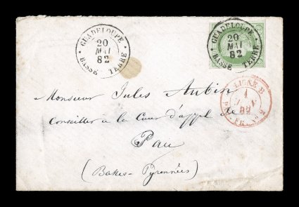 French Colonies Yvert 17, 1872 5c Green on blue, an enormously rare single franking of this 5c Ceres value paying the relatively new U.P.U. 5c foreign mail printed matter rate,
attractive stamp with four even margins tied to petite cover to Fran