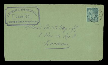 French Colonies Yvert 49, 1881 5c Green, quite well centered single tied to 1887 folded cover of a commercial bulletin by black Pointe a PitreGuadeloupe29 Avril 87 double-circle
c.d.s., posted to Bordeaux, very fine and scarce single frankin