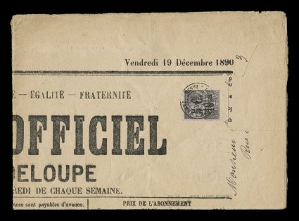 Yvert 10, 1891 5cG.P.E. Provisional surcharge on 10c Black on lilac, attractive single franking tied to entire 1890 newspaper, Journal Official de la Guadeloupe, which contains
within its pages details of the creation of the new Guadeloupe