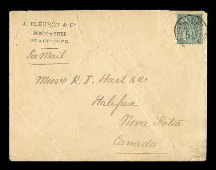 Yvert 17, 1891 5c Green with provisional Guadeloupe overprint, quite well centered single tied to 1892 commercial cover to Canada by Pointe a PitreGuadeloupe10 Fevr 92
double-circle c.d.s., cover wrinkles and small edge tear to cover,