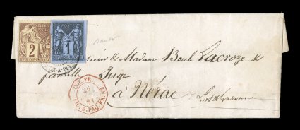 French Colonies Yvert 37, 47, 1878-81 1c Black on blue, Ty. II and 2c Brown lilac on buff, an exceptionally attractive mixed issue franking paying a special printed matter rate
of 3c per 5-10 grams to France, both tied to 1881 folded marriage an