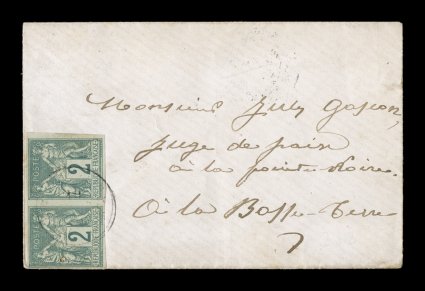 French Colonies Yvert 30, 1877 2c Green, Ty. II, horizontal pair clear to large margins making an extremely scarce 4c printed matter franking on small 1878 cover to Basse Terre,
tied by indistinct GuadeloupePointe a Pitre14 Janv 78 double-ci