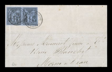 French Colonies Yvert 37, 1878 1c Black on blue, Ty. II, horizontal pair a lovely fresh example with large to extra-large margins all around, in sole franking on large portion
of a printed matter wrapper to Morne-a-lEau (one flap missing), tied