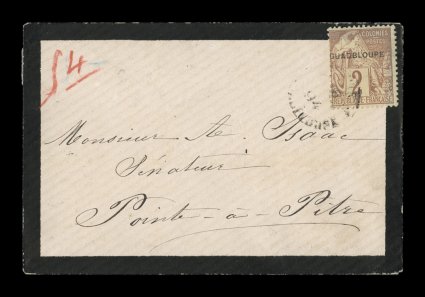 Yvert 15b, 1891 2c Lilac brown on buff with provisional Guadeloupe overprint, Guadbloupe variety, a rare single franking of this popular spelling error on a mourning cover sent
at the 2c printed matter rate (probably a death notice), stamp t