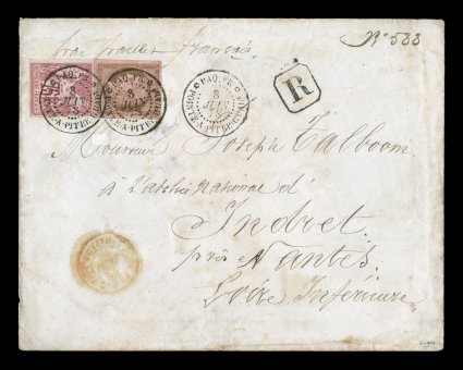 French Colonies Yvert 18, 28, 1876-77 10c Brown on rose and 75c Rose, Ty. I, a highly unusual franking, each a single with well clear to large margins all around, tied to
registered 1878 cover to France, stamps tied by exceptionally well struck