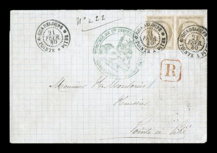 French Colonies Yvert 20, 1872 30c Brown horizontal pair, just touching at bottom to large margins on the other sides, tied to registered 1880 entire folded court document
posted locally within Pointe-a-Pitre, stamps tied by well struck Guadelo