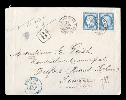 French Colonies Yvert 23a, 1872 25c Blue, Ty. III, horizontal pair, large even margins and fresh intense color, tied to scarce overseas registered cover to France paying the 25c
U.P.U. rate and 25c registry fee, pair tied by GuadeloupeBasse Te