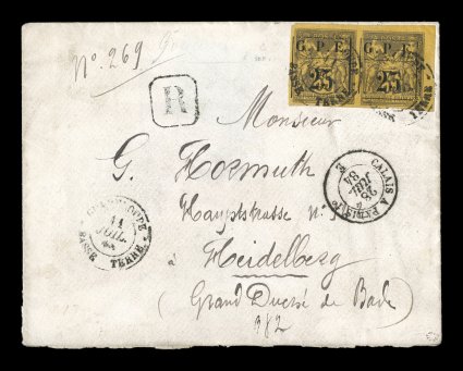 Yvert 2, 1884 G.P.E.25 Provisional surcharge on 35c Violet black on orange horizontal pair showing a portion of the sheet margin at right and large margins on the other three
sides, tied to rare 1884 registered cover to Germany by Guadeloupe