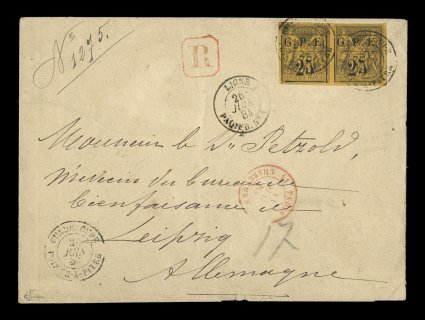 Yvert 2, 1884 G.P.E.25 Provisional surcharge on 35c Violet black on orange horizontal pair, a similar cover to the previous with well margined pair tied to rare 1884 registered
cover to Germany GuadeloupePointe-a-Pitre26 Juin. 84 double-c