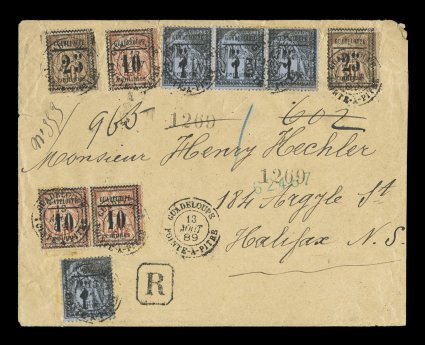 Yvert 6, 7, 9, 1889 5c, 10c and 25c Provisional surcharges on the Dubois issue, single and strip of the 5c on 1c Black on blue, pair and single of 10c on 40c Orange red and two
singles of 25c on 30c Brown, an impressive franking paying the tripl