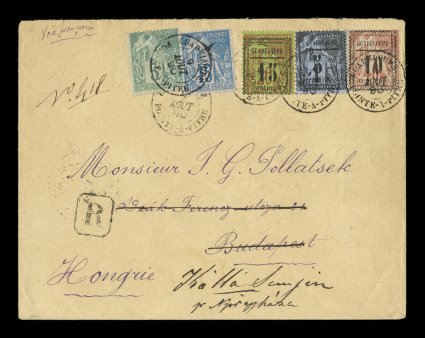 Yvert 6-8, 1889 5c, 10c, and 15c Guadeloupe provisional surcharges on the 1c, 20c and 40c Dubois issue, in an impressive mixed franking with French Colonies Yvert 49, 51, 1881
5c Green and 15c Blue of the Dubois General Colonies issues, al