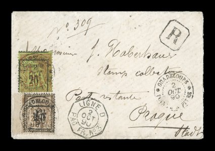 Yvert 5, 9, 1889 Guadeloupe25centimes Provisional surcharge on 20c Brick red on green and 30c Brown, the two provisional surcharges of this value tied to 1890 registered cover
to Prague in the Austrian Empire by black GuadeloupePointe-