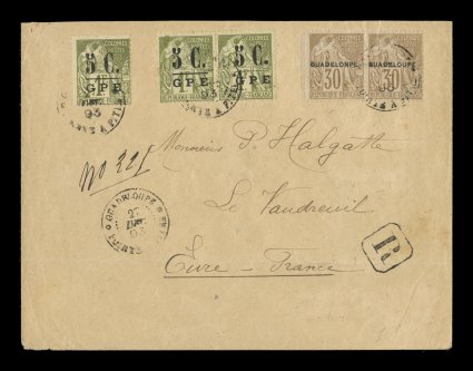 Yvert 11, 22, 22c, 1889 5cGPE Provisional surcharge on 1Fr Olive horizontal pair and single along with a horizontal pair of 1891 30c Brown with provisional Guadeloupe overprint,
the left stamp with spelling error Guadelonpe, all are q