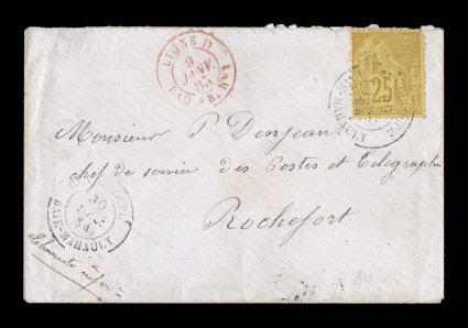 French Colonies Yvert 53, 1881 25c Bister yellow, well centered single with slightly rounded corner perf., from the tiny village of Baie-Mahault, single franking paying the 25c
U.P.U. foreign mail rate, tied to small 1884 cover by Guadeloup