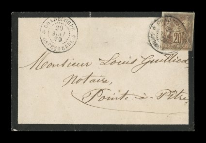 French Colonies Yvert 34, 1877 20c Lilac brown on buff, Ty. II, single franking with four clear to large margins on small 1879 domestic mourning cover from the small town of
Capesterre, stamp tied by black GuadeloupeCapesterre30 Mai 79 d