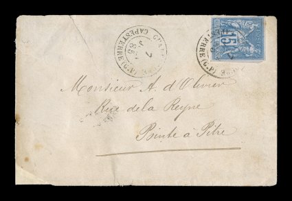 French Colonies Yvert 41, 1879 15c Blue, Ty. II,  single with well clear to large margins on another small 1885 cover to Pointe-a-Pitre from Capesterre located on the east coast
of the island of Basse Terre, stamp tied by black GuadeloupeC