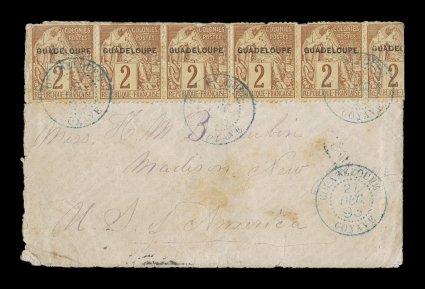 Yvert 15, 1891 2c Lilac brown with provisional Guadeloupe overprint, horizontal strips of seven and four plus two singles overpaying the 25c U.P.U. rate by 1c, tied to small
1893 cover to the United States from Goyave, the strip of seven i