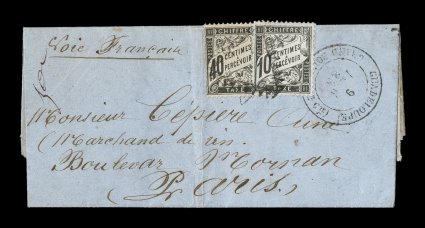 1883 Grand Bourg unpaid postage due folded letter to France, posted from the smaller Island of Marie Galante with a very rare use of the larger size GuadeloupeGrand Bourg (Mie.
Gte.)9 Fevr. 83 double-circle c.d.s. on entire folded letter, a c