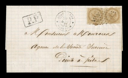 French Colonies Yvert 3, 1859 10c Yellow bister horizontal pair, attractive franking with margins to just in at top, tied to fresh 1871 domestic cover to Pointe-a-Pitre from
Lamentin by black lozenge cancel, at left is a black GuadeloupeLa