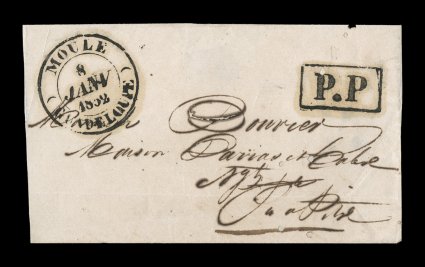 1852 Moule prepaid stampless cover, petite domestic folded cover with unusually well struck large Moule(Guadeloupe)8 Janv. 1852 double-circle c.d.s., matching P.P boxed
handstamp at right indicating the 15c local rate had been paid in cash,