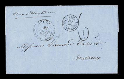 1859 Moule unpaid stampless entire letter to France, fresh entire folded letter with black MouleGuadeloupe25 Aout 1859 double-circle c.d.s., rimless Basse Terre transit on the
reverse, bold 6 rate handstamp for 6 decimes due, via British pa