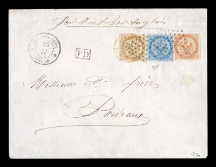 French Colonies Yvert 3, 4, 5, 1859-65 10c Yellow bister, 20c Blue and 40c Vermilion, each a fresh single, mostly large margins, 40c touching at a couple points, tied to 1866
cover to France by black lozenge cancels, GuadeloupeMoule25 Dec. 18
