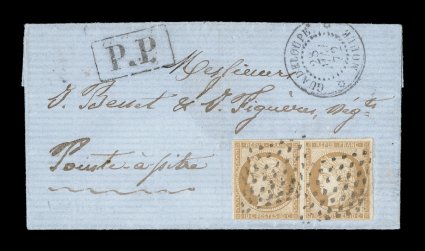 French Colonies Yvert 11, 1871 10c Bister horizontal pair, very attractive with three large margins, barely into the frame at bottom, tied to 1872 cover to France by black
lozenge cancels, GuadeloupeMoule28 Mai 72 double-circle c.d.s., poste