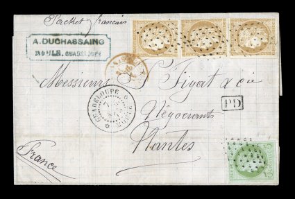French Colonies Yvert 17, 22, 1872 5c Green on blue and 15c Bister, three singles of the latter, mostly with large margins, a couple just touched on one side, paying the 50c
French packet rate to France, all tied to 1875 folded cover by black lo