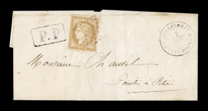 French Colonies Yvert 22, 1872 15c Bister, single franking with virtually clear to large margins all around, tied to entire folded letter from Petit Bourg to Pointe-a-Pitre by
black 7x7 lozenge cancel, black GuadeloupePetit-Bourg7 Oct. (7