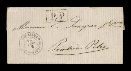 1874 Petit Bourg paid stampless cover, a similar petite entire folded letter to the previous from the same correspondent five months later with GuadeloupePetit-Bourg5 Fevr 74
double-circle c.d.s., matching boxed P.P, backstamped Pointe-a-Pi